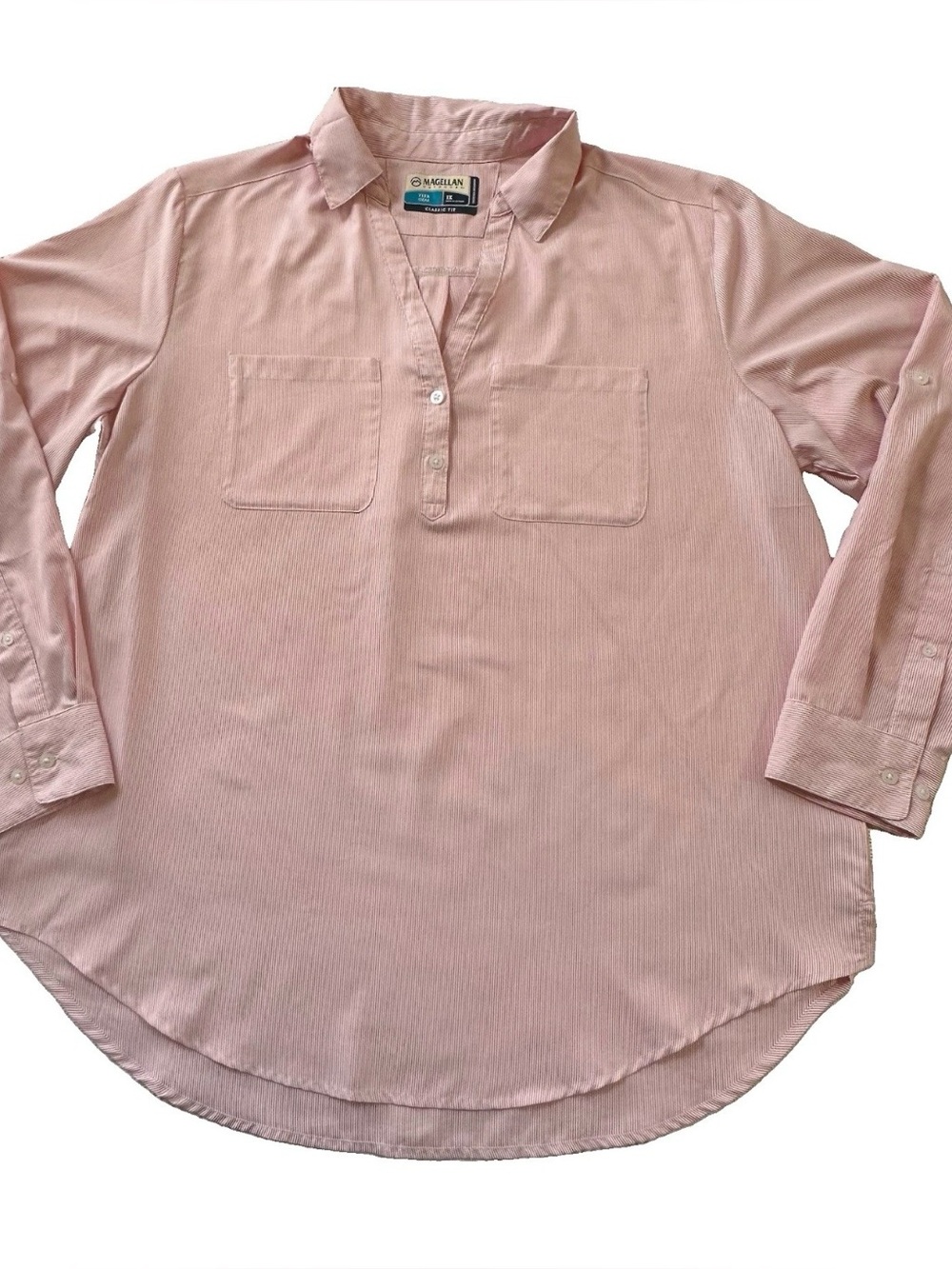 Magellan Outdoor Fish Gear Shirt Women’s 1X Pink Striped Seersucker Popover Top